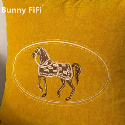 Elegant American Hand-Embroidered Cushion Cover with Horse Design, Perfect for Sofa Home Office Living Room or Car Size 45x45cm