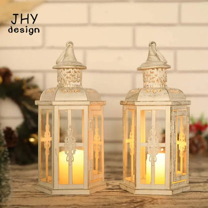 2Pcs Decorative Candle Lanterns Vintage Hanging Lantern Candle Holder Metal Candleholder White with Gold Brush Home Decor