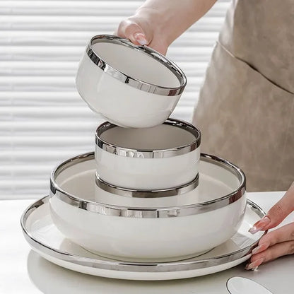 White Ceramic Plates With Silver Steak Serving Plate Bowls Ins Dinner Dish Porcelain Dinnerware Set For Family Hotel