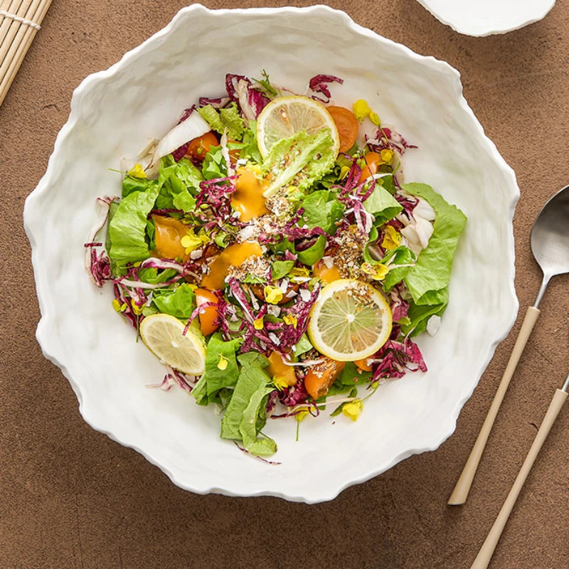 White Ceramic Tableware Fruit Salad Bowl Home-used High-quality Hotel Restaurant Creative Irregular Plate Sashimi Bowl