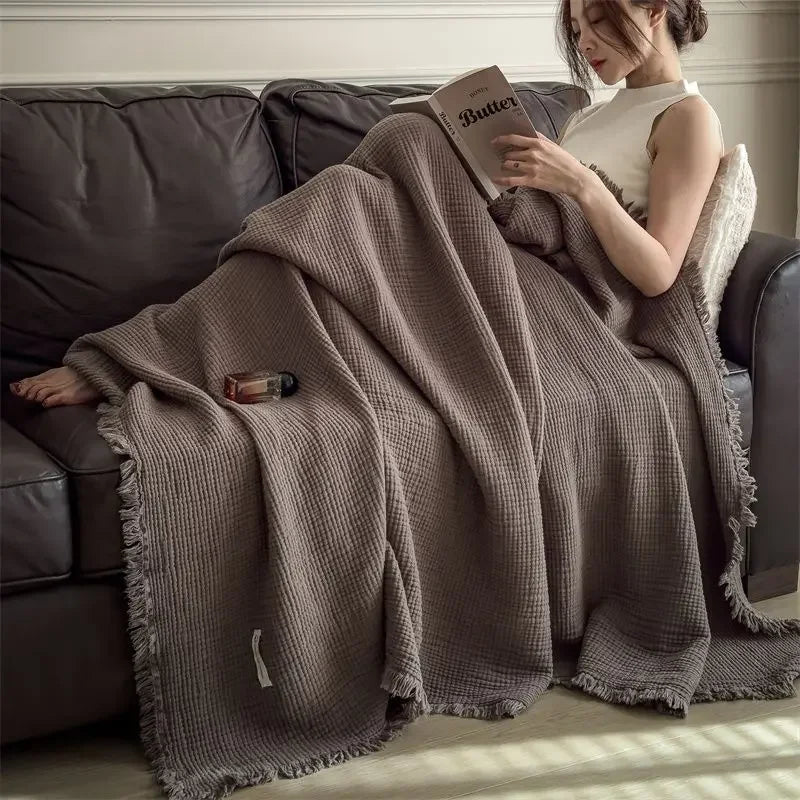 Cotton six layer wrinkled yarn fringe blanket for office nap, sofa cover blanket, high-end feeling pure cotton shawl blanket