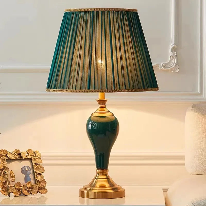 Chinese Style Green Ceramic Table Lamps European Cloth CoverModern Living Room Bedroom Bedside Study E27 Decor Table Lamp EU/AU/