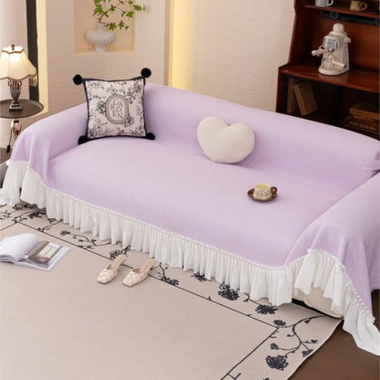 2024 French Country Sofa Cover Patchwork Stretchable Couch Protector Vintage Solid Color Cool Decor Throw Blanket Pleated lace
