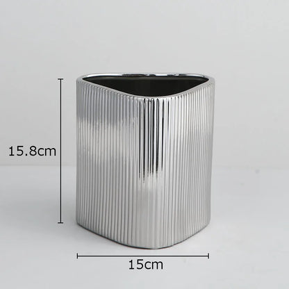 Silver-plated Vertical Grain Ceramic Vase Desk Decoration Geometric Shape Floral Vases Flower Pots Decorative Arrangement
