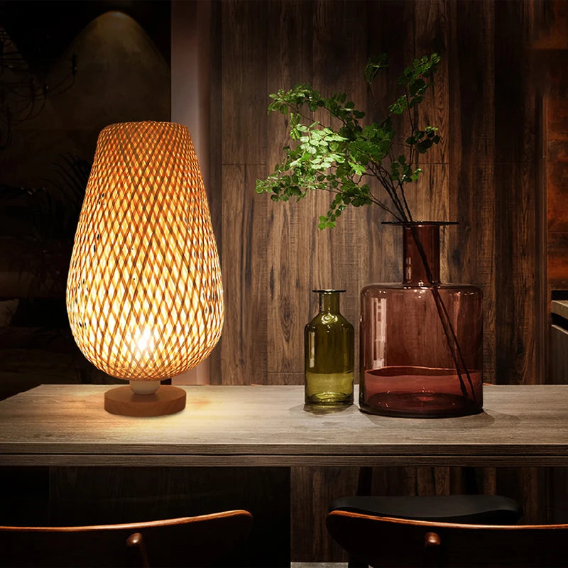 OUDELADI Vintage Bamboohandicraft Table Lamps Handmade bedroom bedside desk lights living room decor warm bamboo wood lamp