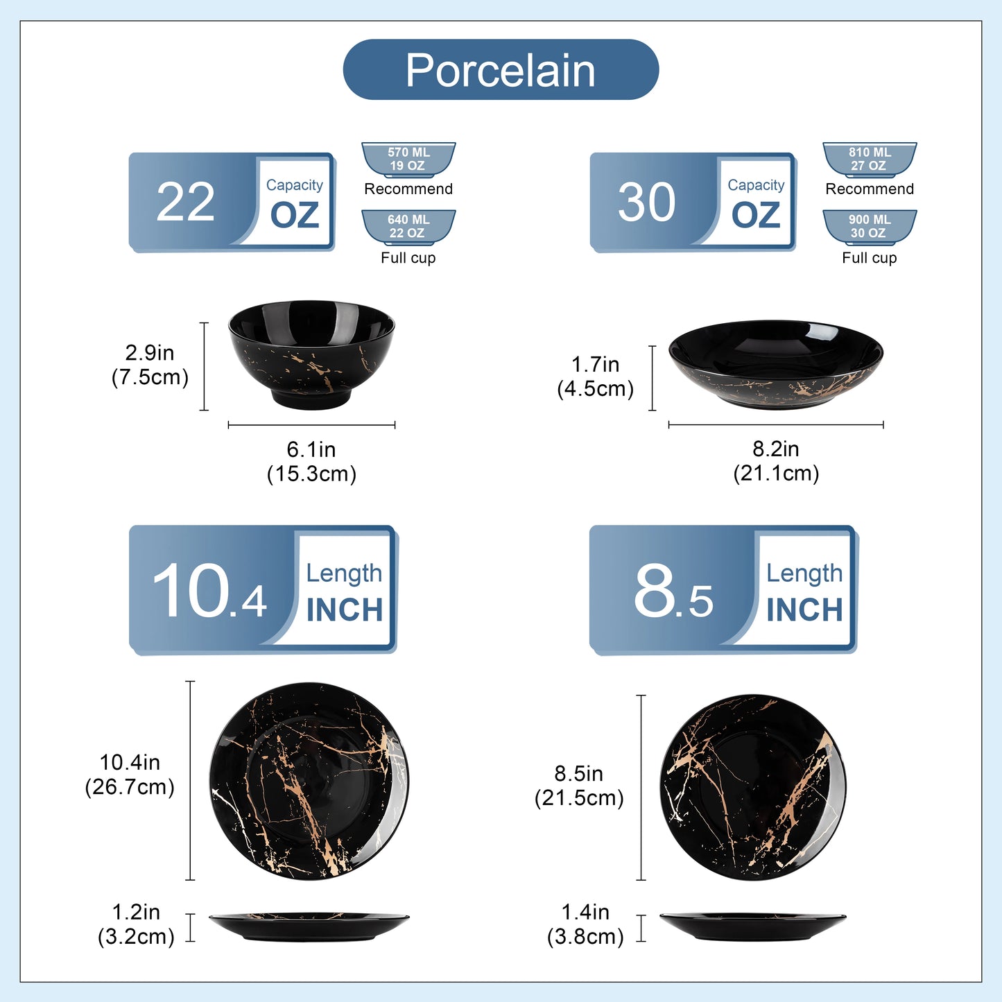 LOVECASA 24 Piece Gold Splash Glaze Dinnerware Sets Porcelain Plates Dinner Set with 6 PCS Dinner Plate/Dessert/Soup Plate/Bowl