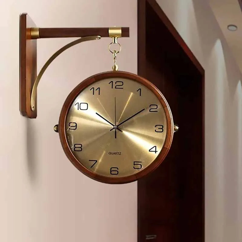Luxury Wood Double Sided Wall Clocks Movement Silence 360° Rotatable Wall Clock Aesthetic Living Room Decoration Accessories