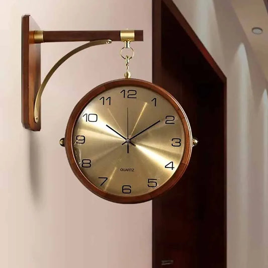 Luxury Wood Double Sided Wall Clocks Movement Silence 360° Rotatable Wall Clock Aesthetic Living Room Decoration Accessories
