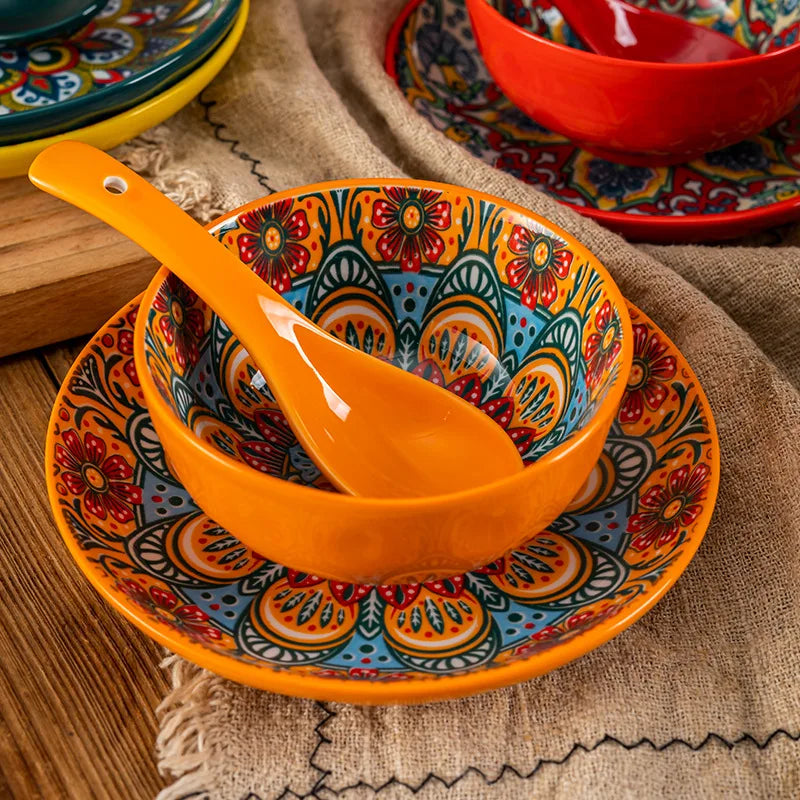 Ceramic Tableware Set Three-Piece Household Rice Bowl Plate Spoon Set Restaurant Hot Pot Barbecue Shop Commercial