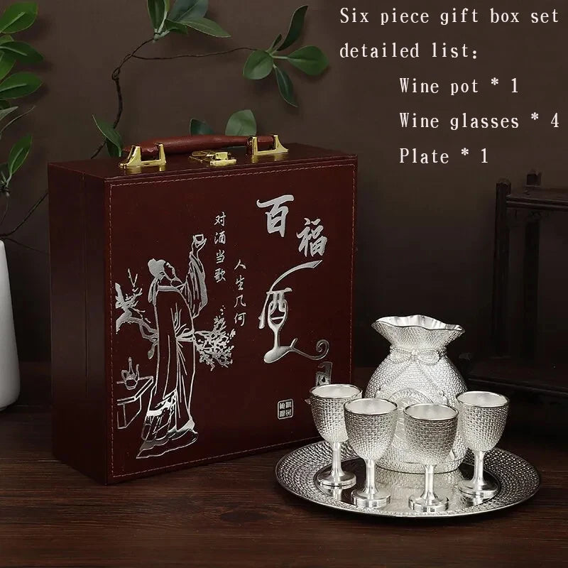 Baifu pure silver 99.9% nano electroplated silver wine set, creative wine glass and kettle set, creative home retro style wine