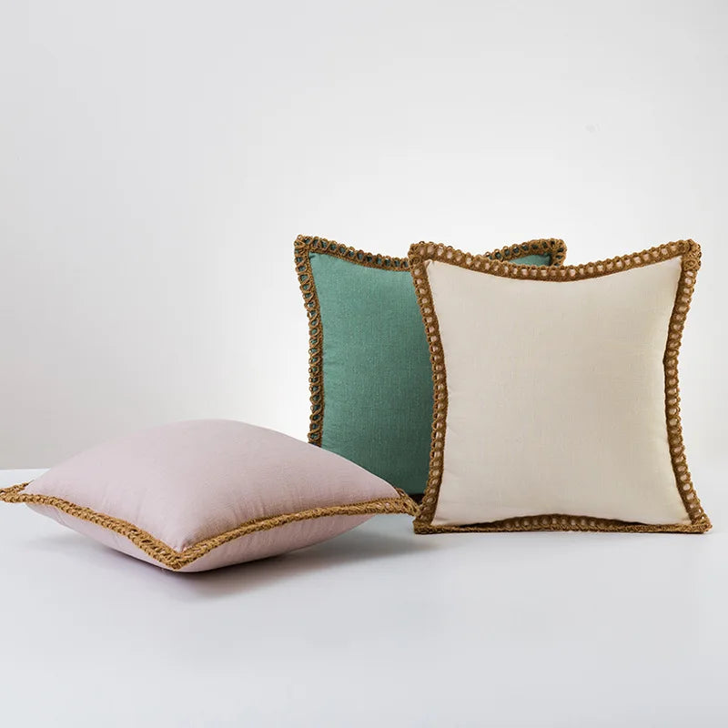 Solid Color Cotton Linen Pillow Cover with Jute Rope Trim Boho Decorative 45x45cm Cushion Pillow Case for Sofa Bed Living Room