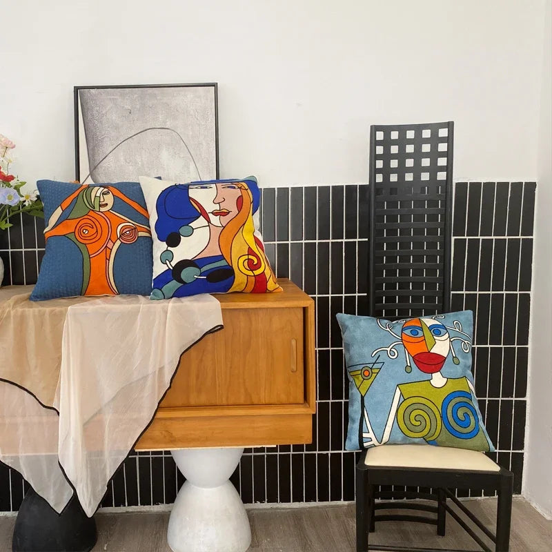 Embroidery Abstract Pillowcase Cotton Cushions Covers Picasso Decorative Throw Pillows Covers for Sofa Living Room Home Decor