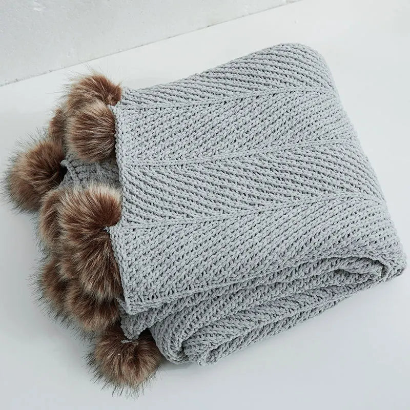 Inyahome-Fur Pom Pom Knitted Throw Blanket, Super Soft Warm Cozy Cable Knitted Nordic Blanket for Sofa and Couch, 51x63 Inch