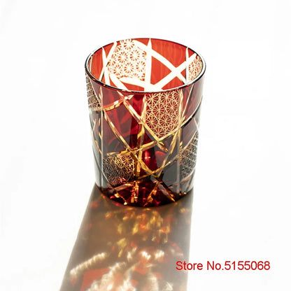 Japanese Royal Special Retro Wine Tumbler, Hand Cut, Flashing Lightning Design, Amber Whiskey Glass, High End Gift Box, Edo Kiri