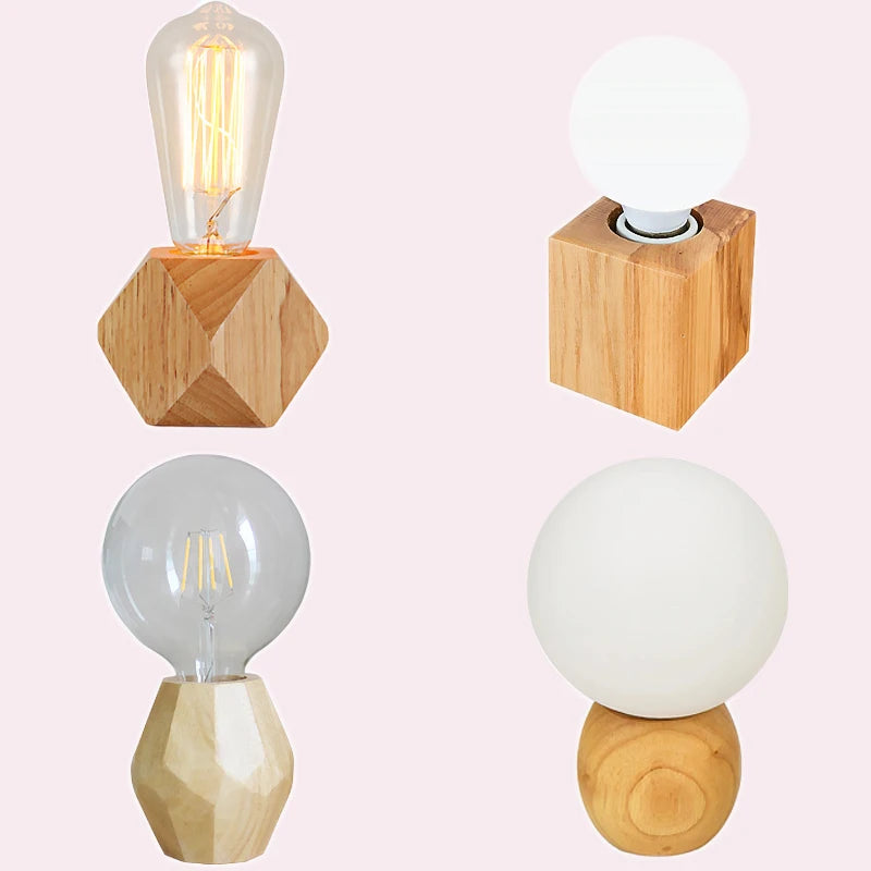OUDELADI mini solid wood polyhedron Table Lamps living room bedroom desk bedside EU plug switch line E27 Wooden tafel lamp